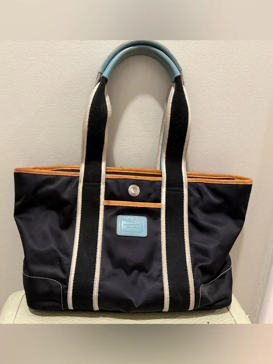 Coach 1941 Black Tote Bag with Light Blue Trim and Tan Accents - Picture 1 of 13